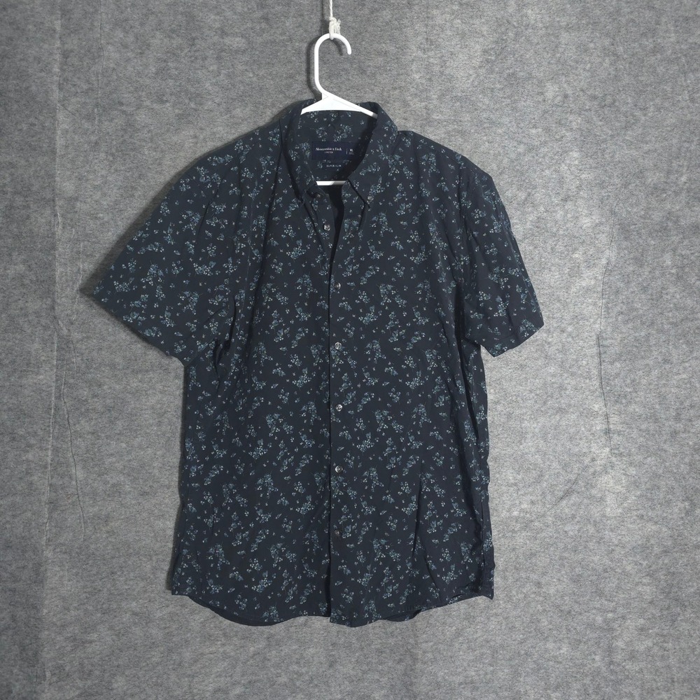 Abercrombie Fitch Shirt Mens XL Navy Floral Super Slim Stretch Short‎ Sleeve Fit